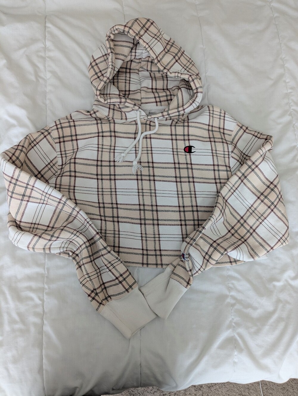 Champion Oversized Plaid Cropped Hoodie in Cream and Brown